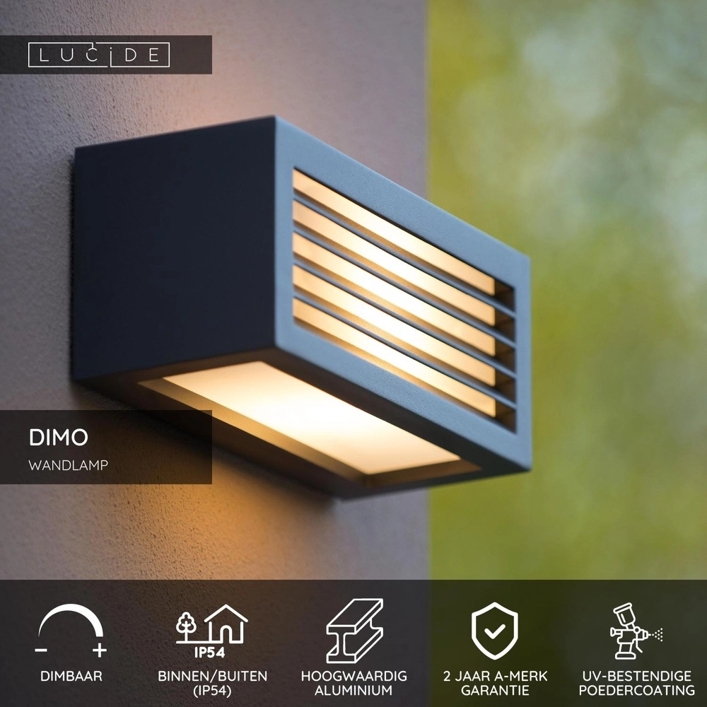 Design wandlamp Dimo IP54 antraciet Lucide 5411212270863