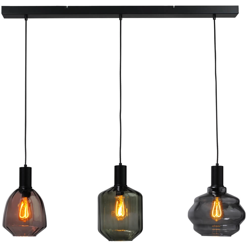 3-lichts hanglamp - zwart - Porto met verschillende glazen