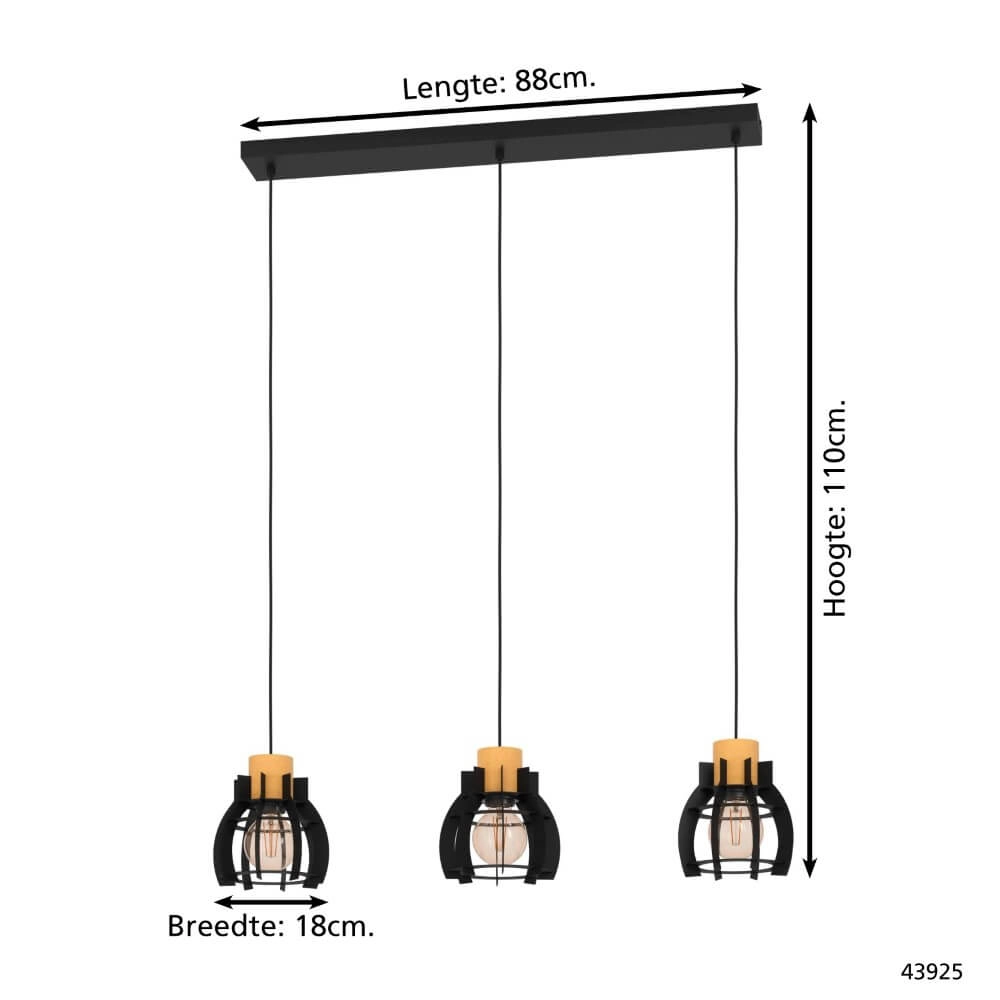3-lichts hanglamp Stillington 1 zwart met hout Eglo 9002759439255