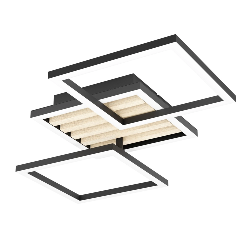 Moderne plafondlamp Cembrano zwart met hout vierkant 65,5cm Eglo 9008606388233