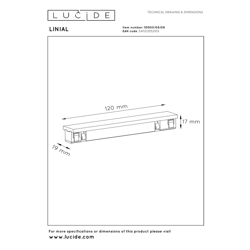 Recht koppelstuk 1-fase Linial mat zwart chroom Premium by Lucide 5411212552105