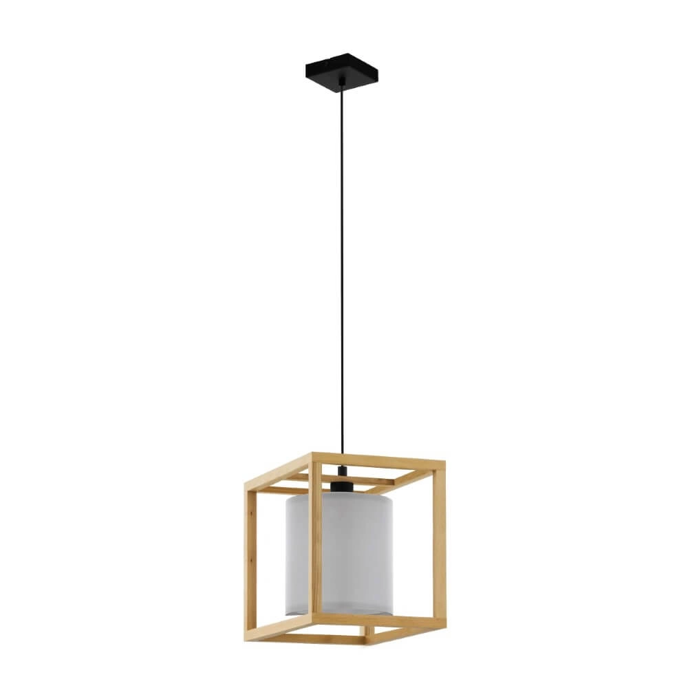 Houten hanglamp Granados met witte kap