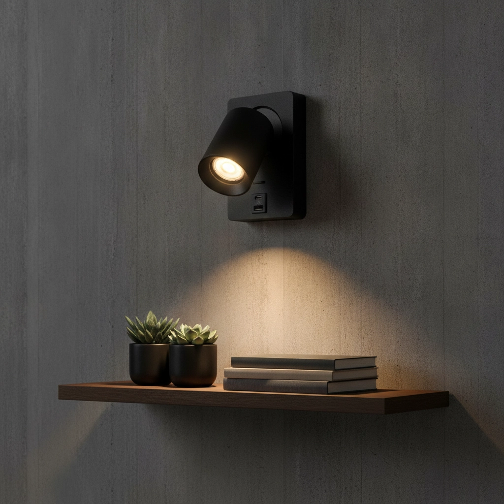 Bedlampje Megano USB zwart met USB-A en USB-C