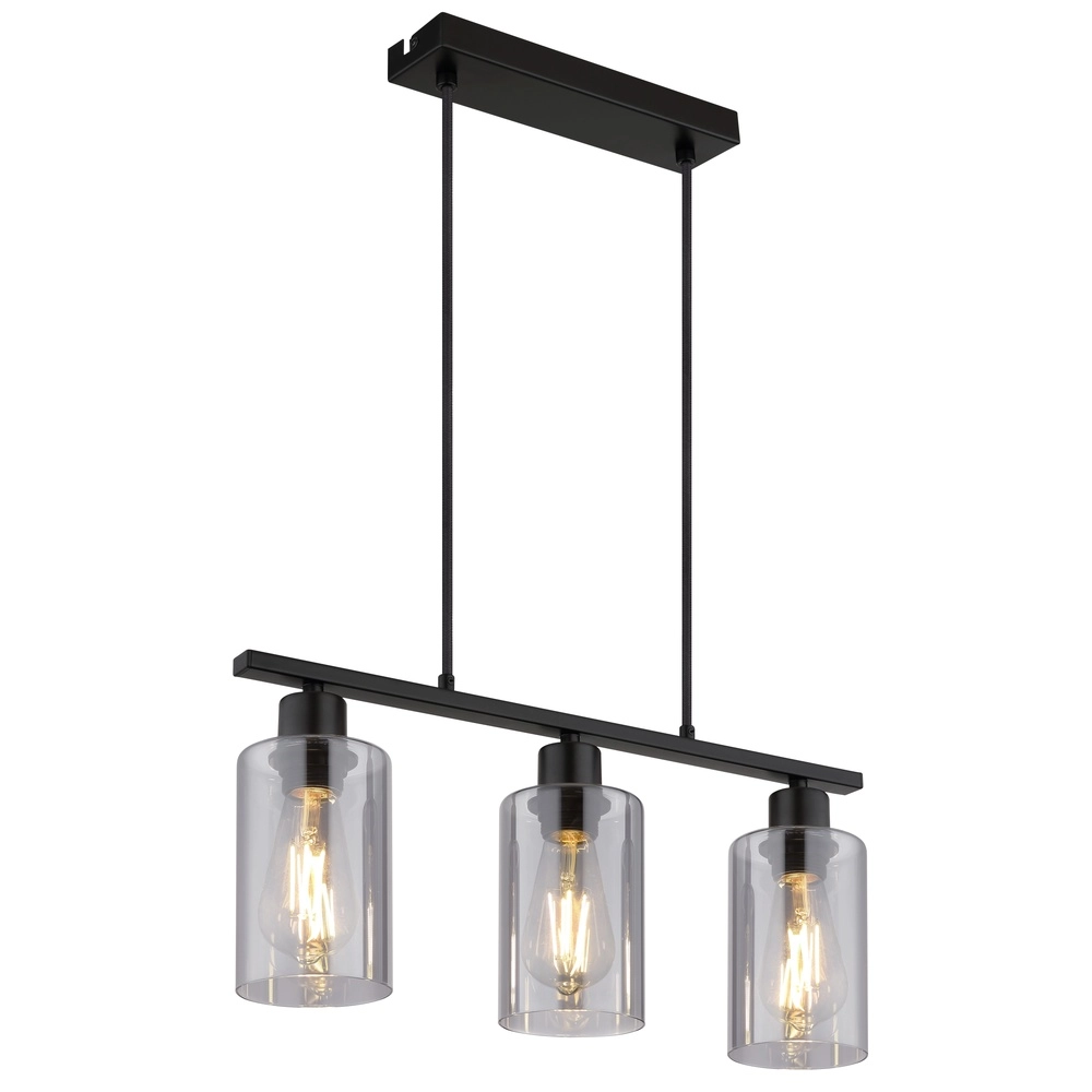 Hanglamp Hadera 3-lichts zwart met smoke glas