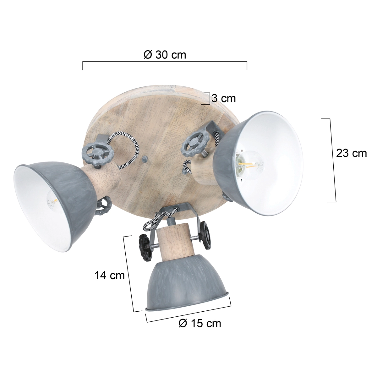 Industriële plafondlamp Gearwood 3-lichts vintage grijs met hout Steinhauer 8712746135404