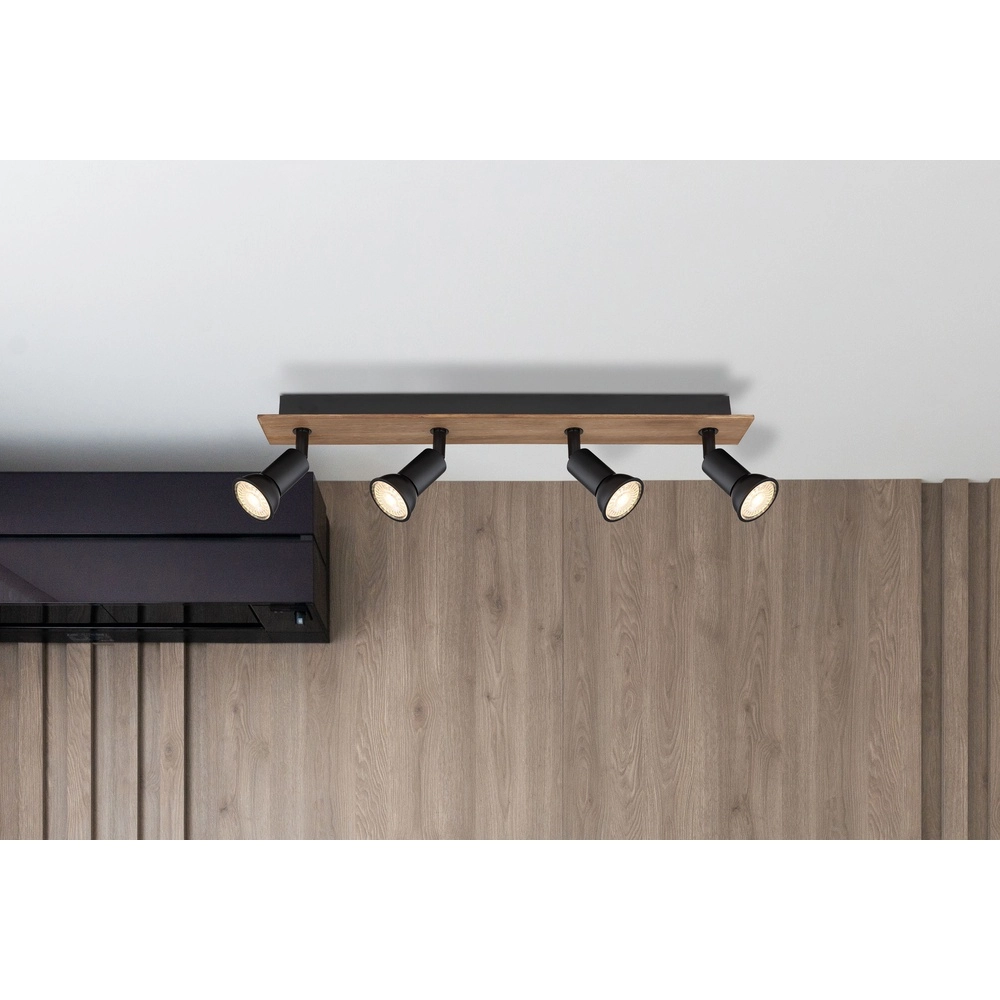 Plafondspot Drew zwart met hout 4-lichts Globo 9007371436781