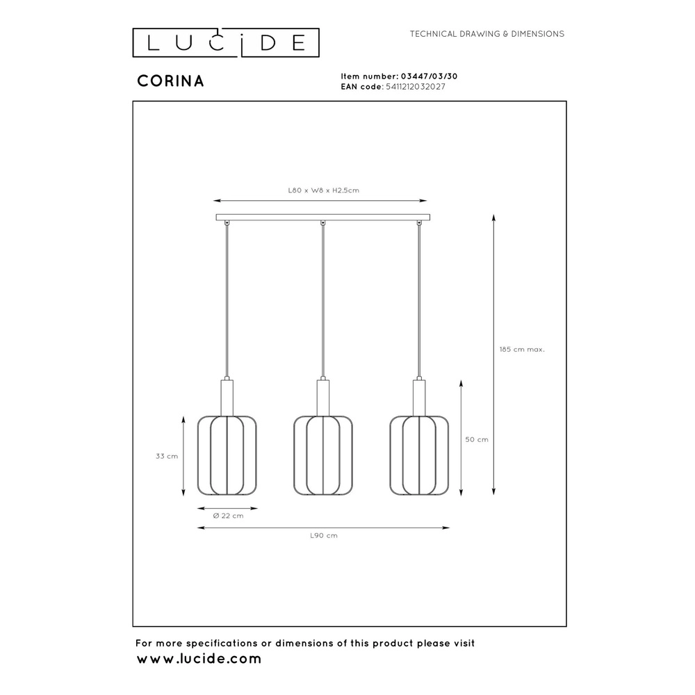 Hanglamp 3-lichts Corina zwart Lucide 5411212032027