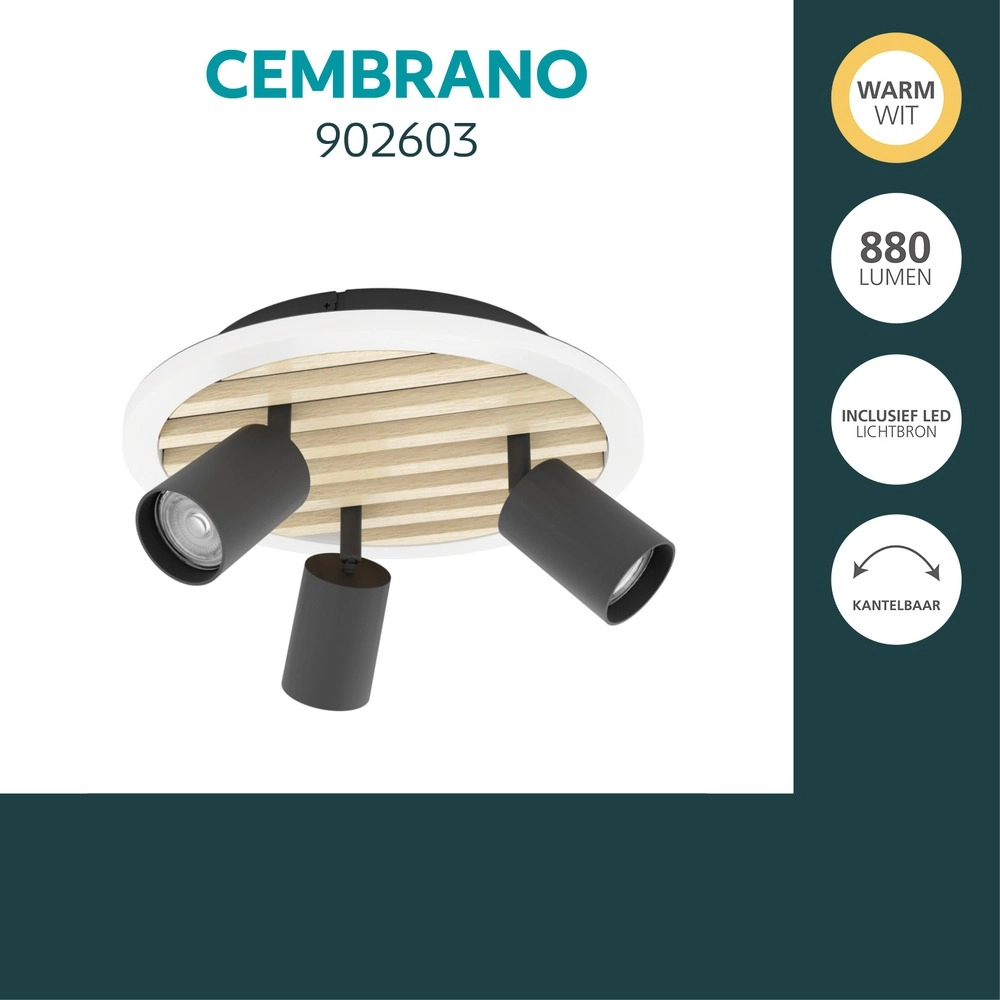Moderne plafondlamp Cembrano 3-lichts zwart met hout Eglo 9008606388271