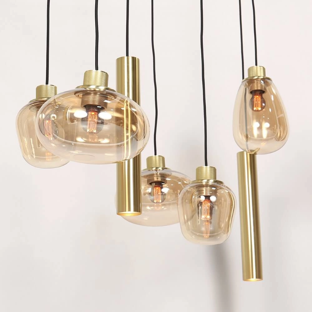 Eettafel hanglamp Reflexion goud met amberglas Steinhauer 8712746172966
