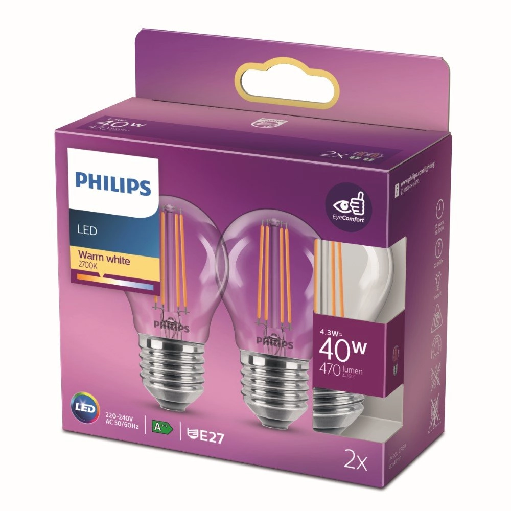Lichtbron kogel 4,3W - E27 - 2700K - 470 lumen set van 2