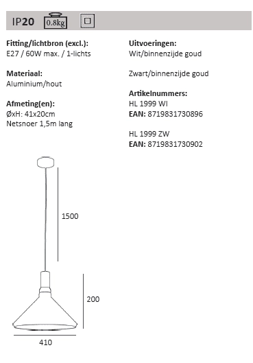 Strakke hanglamp Cornet Ø 41cm Artdelight 8719831730902