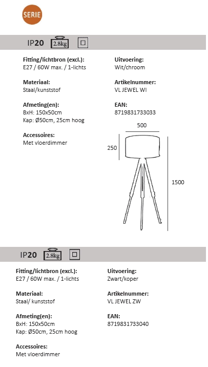 Tripod vloerlamp Jewel 150cm zwart met roodkoper Artdelight 8719831733040