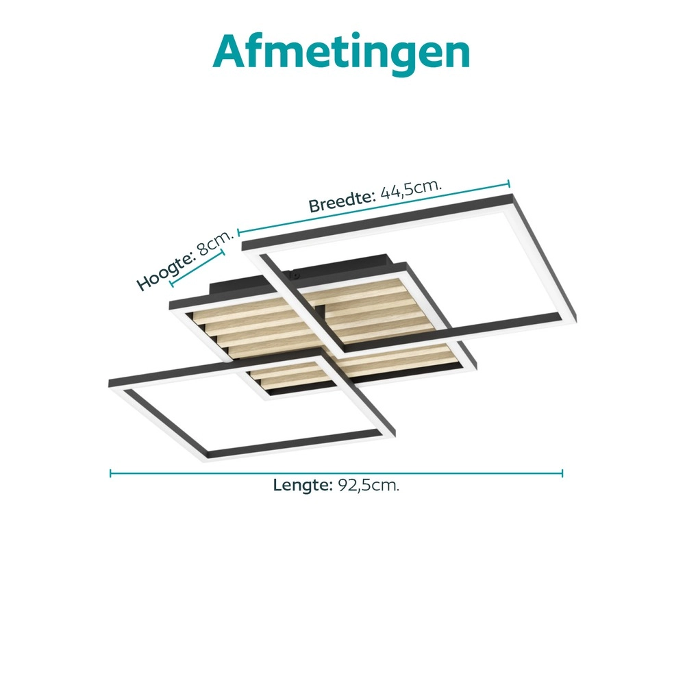 Moderne plafondlamp Cembrano zwart met hout vierkant 92,5cm Eglo 9008606388240