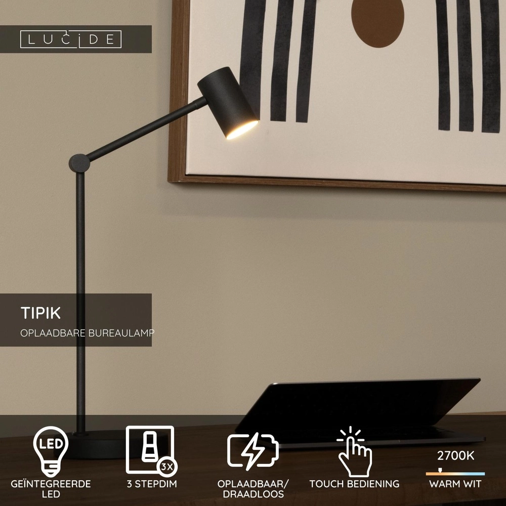 Oplaadbare bureaulamp Tipik zwart Lucide 5411212361325