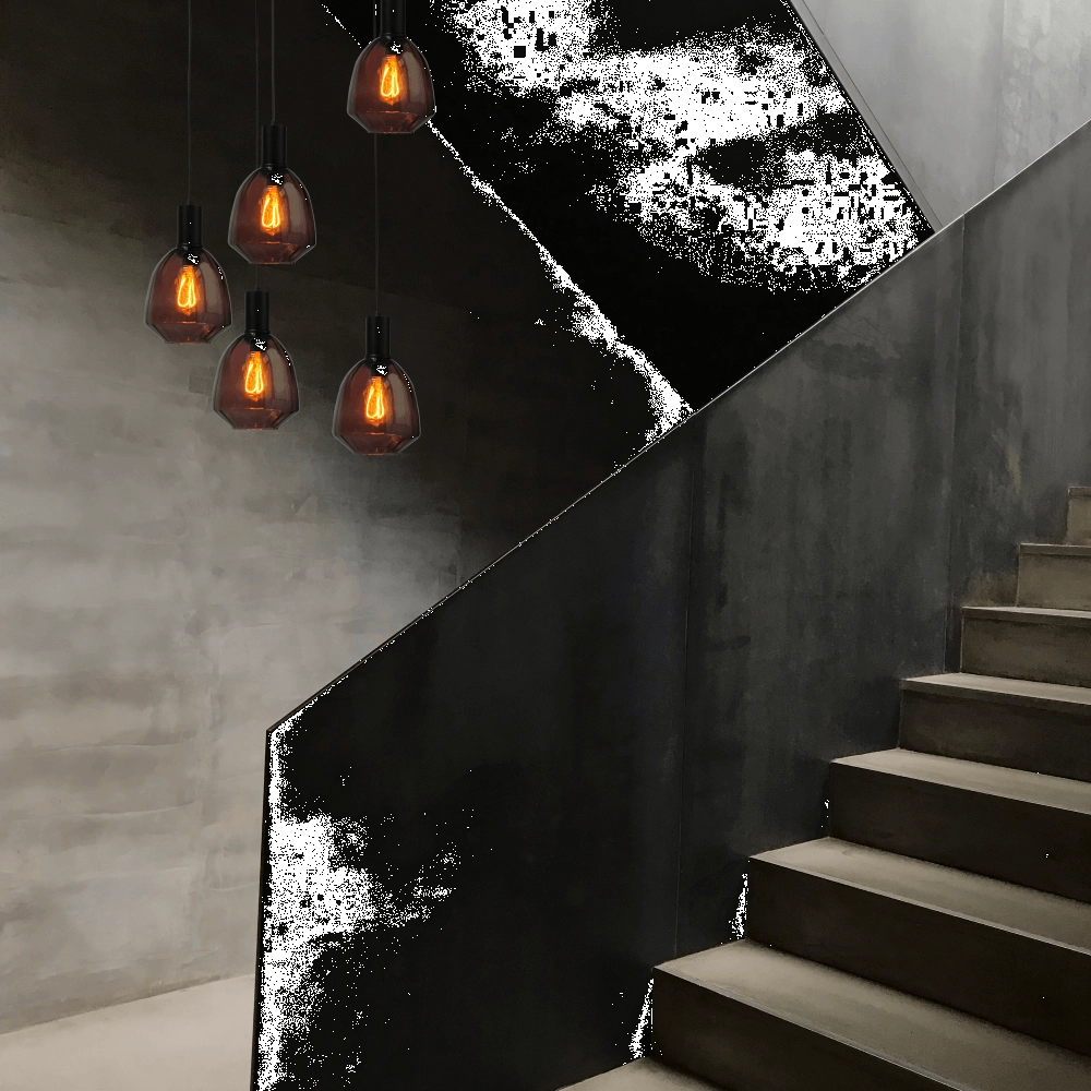 5-lichts vide hanglamp - zwart - Porto met Nicolette red glazen Masterlight 8718121271187