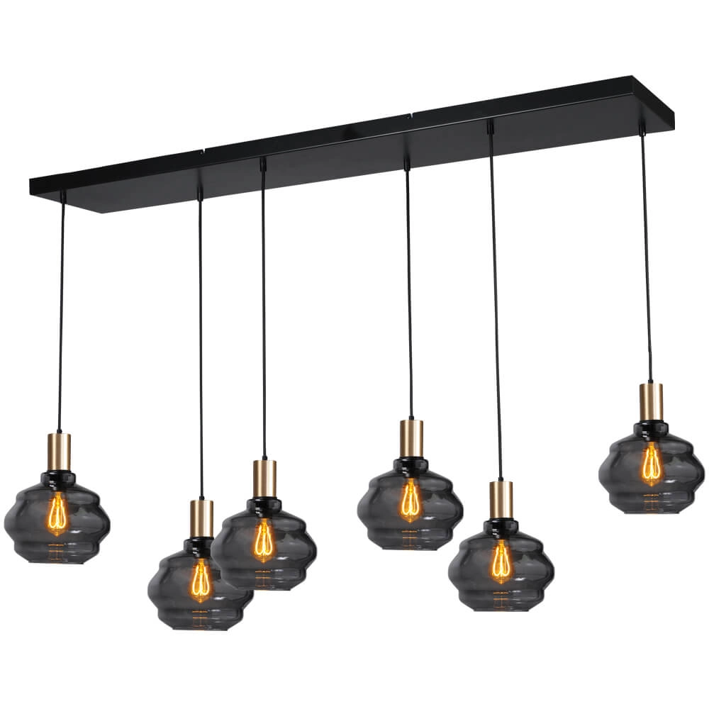 6-lichts hanglamp - goud - Porto met Ball smoke glazen