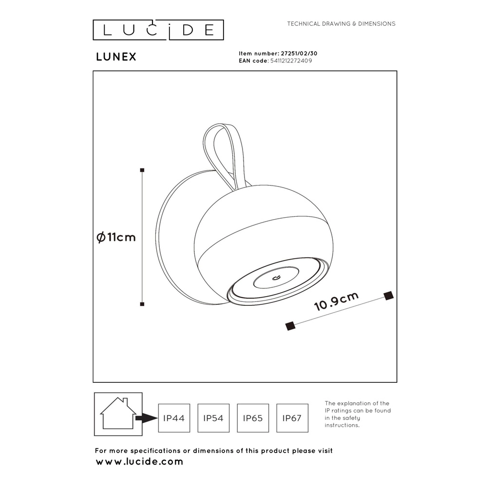 Oplaadbare wandlamp Lunex zwart magnetisch Lucide 5411212272409