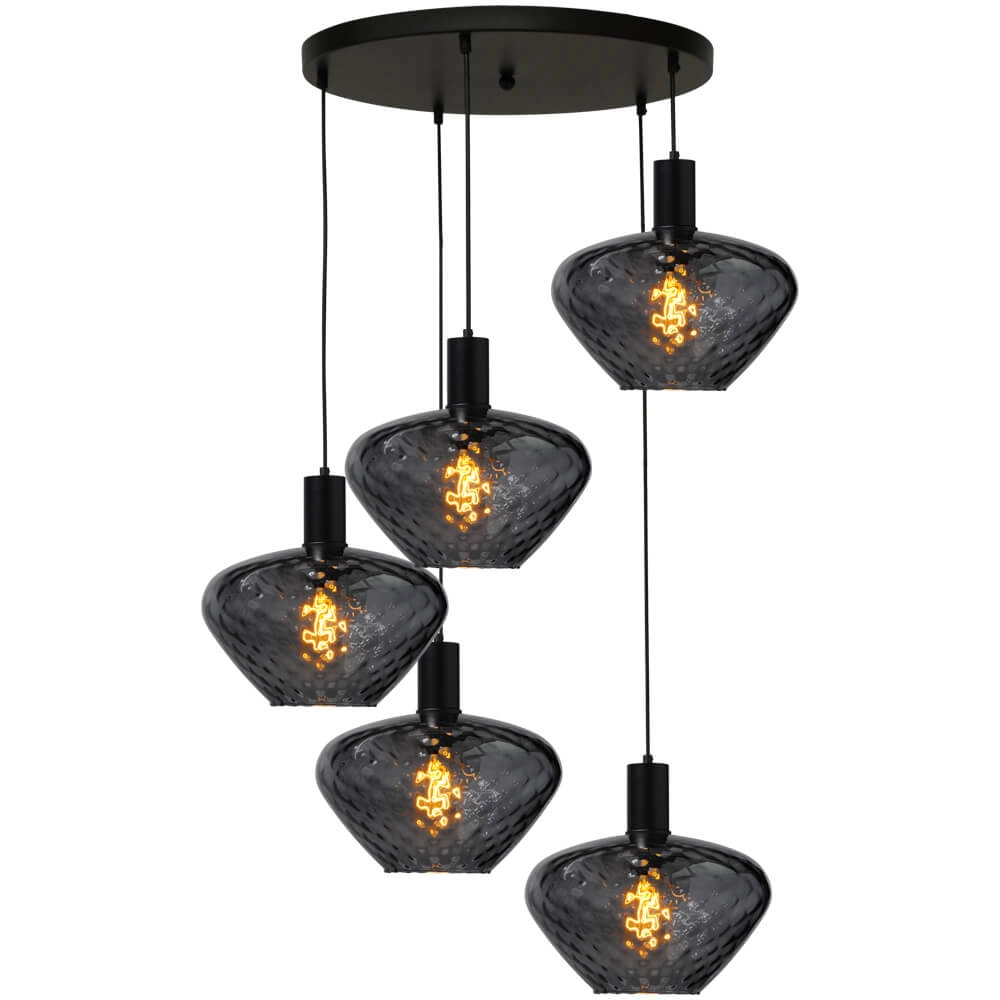 5-lichts vide hanglamp - zwart - Porto met Blossom smoke glazen