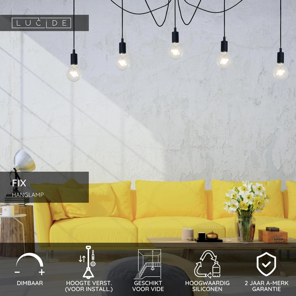 5-lichts hanglamp zwart Fix geschikt voor vide Lucide 5411212082701