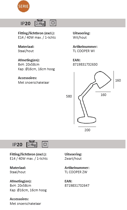 Landelijke bureaulamp Cooper zwart met hout Artdelight 8719831732647