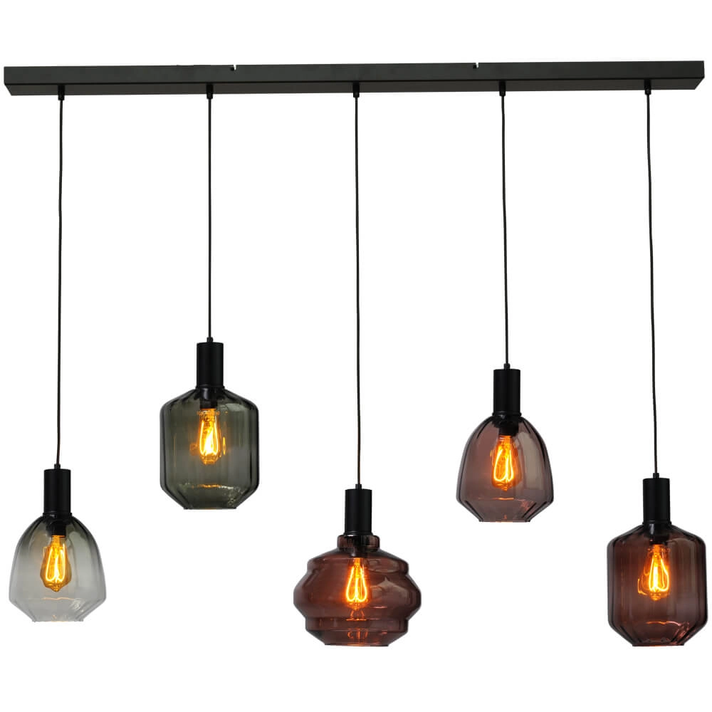5-lichts hanglamp - zwart - Porto met verschillende glazen