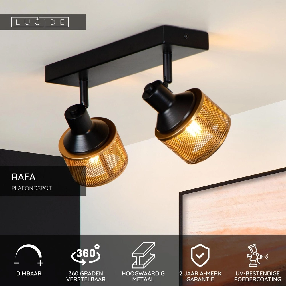 Plafondlamp Rafa 2-lichts zwart met koper Lucide 5411212771292