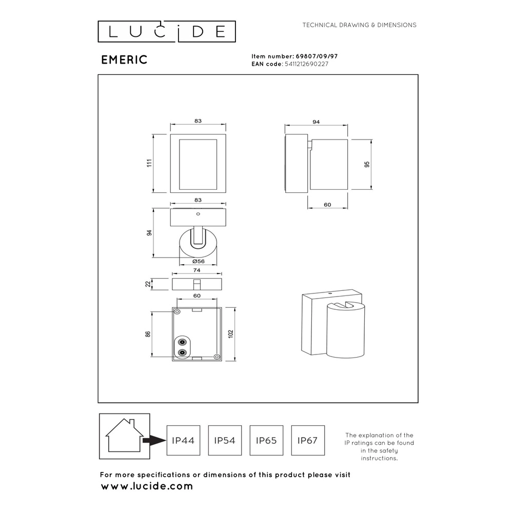 Wandspot IP65 Emeric roestbruin Lucide 5411212690227