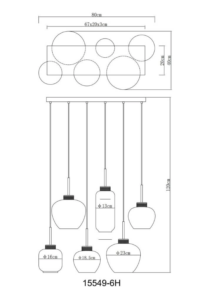 6-lichts hanglamp Matt zwart met hout Globo 9007371441518