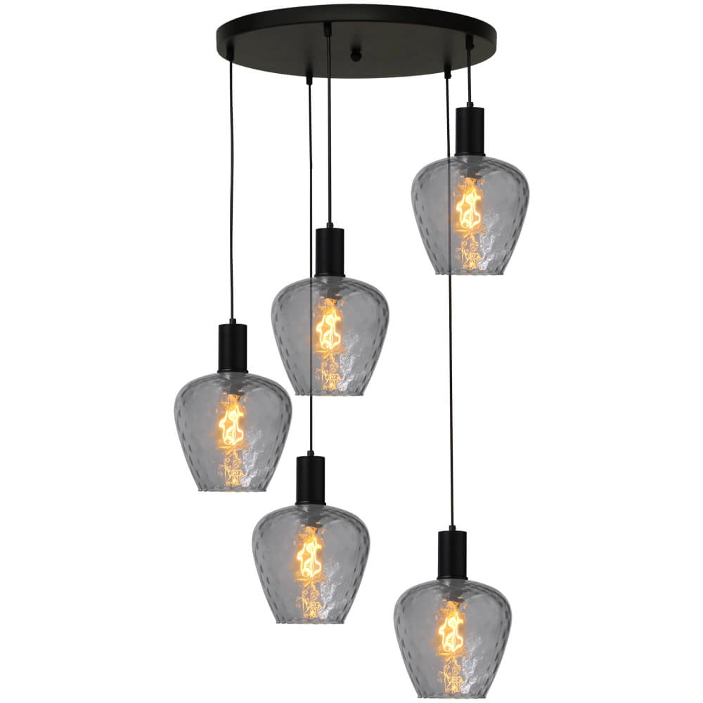 5-lichts vide hanglamp - zwart - Porto met Diamond smoke glazen
