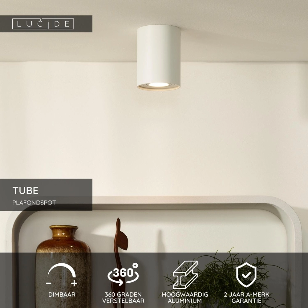 Opbouw plafondspot Tube wit Ø 9,6cm Lucide 5411212220790