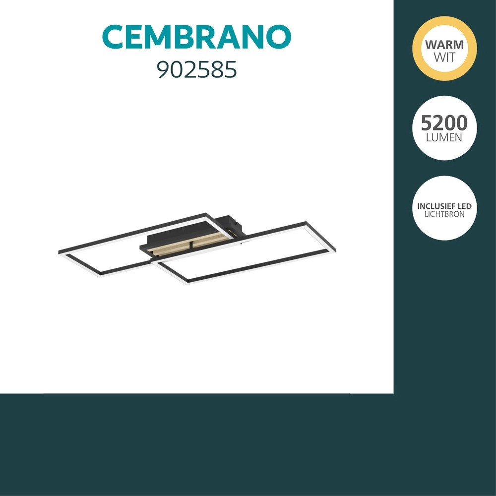 Moderne plafondlamp Cembrano rechthoek zwart met hout Eglo 9008606388110