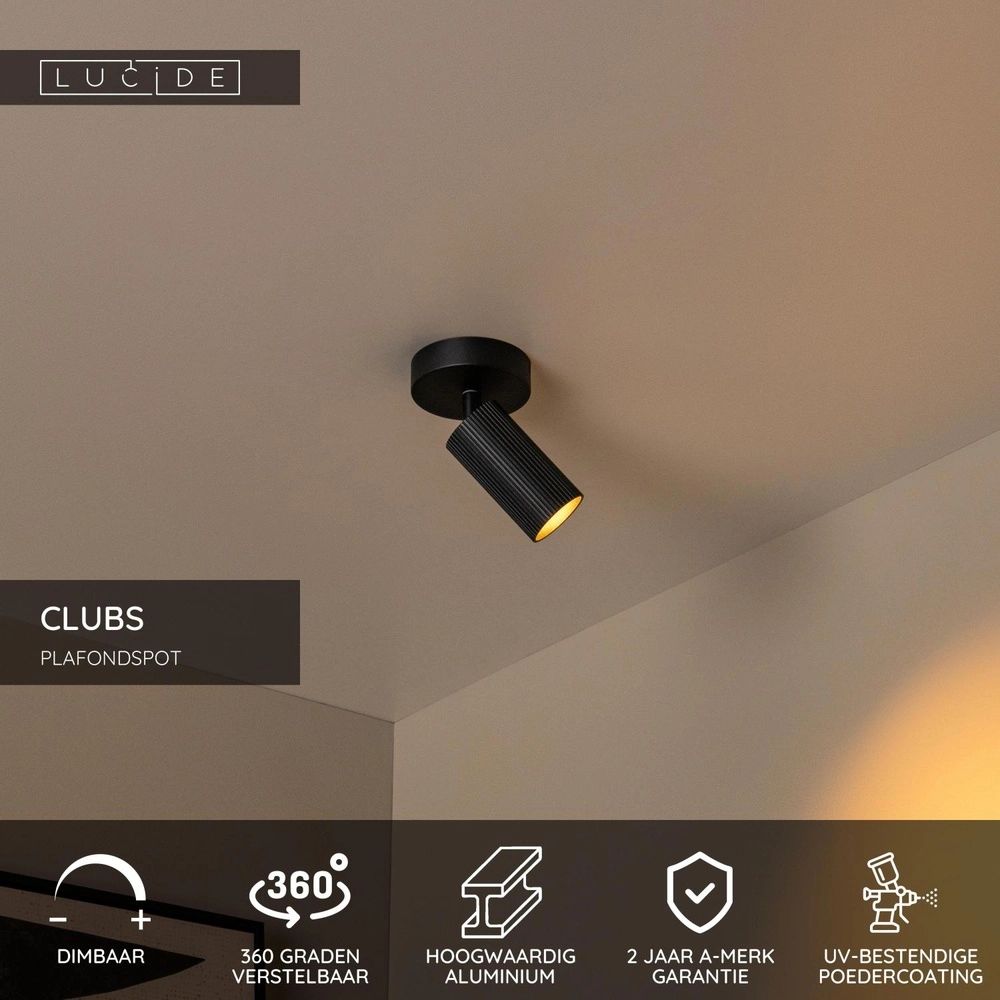 Opbouw plafondspot Clubs zwart Lucide 5411212093486