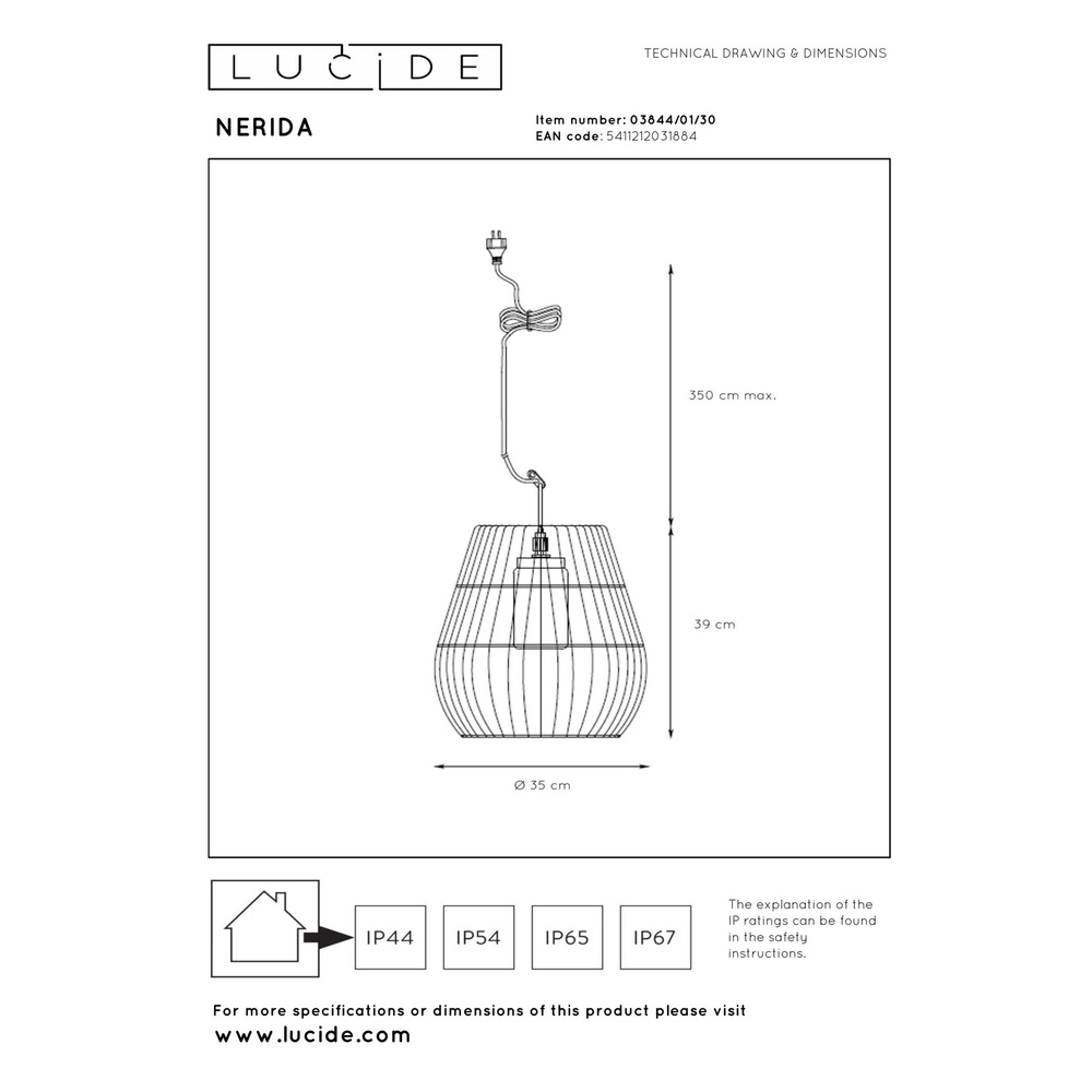 Hanglamp Nerida zwart IP44 - Ø 35cm Lucide 5411212031884