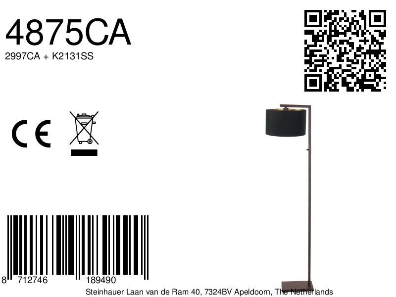 Vloerlamp Stang met zwarte kap Steinhauer 8712746189490