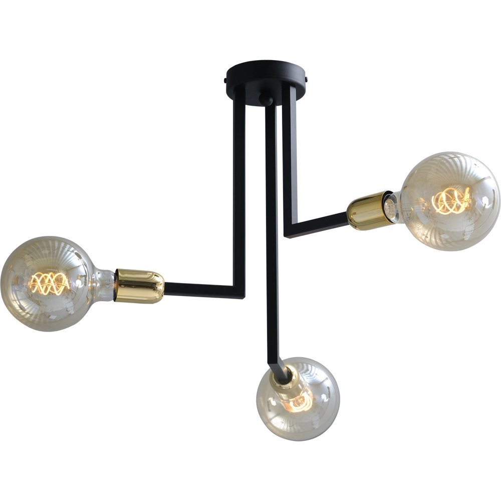 Zwarte plafondlamp Tube 3-lichts met gouden fittingen
