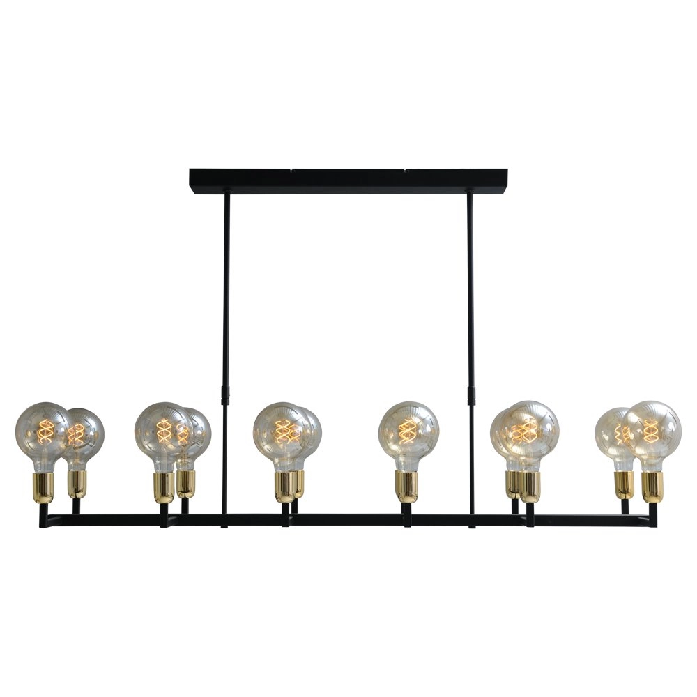Zwarte eetkamer hanglamp Tube 12-lichts gouden fittingen