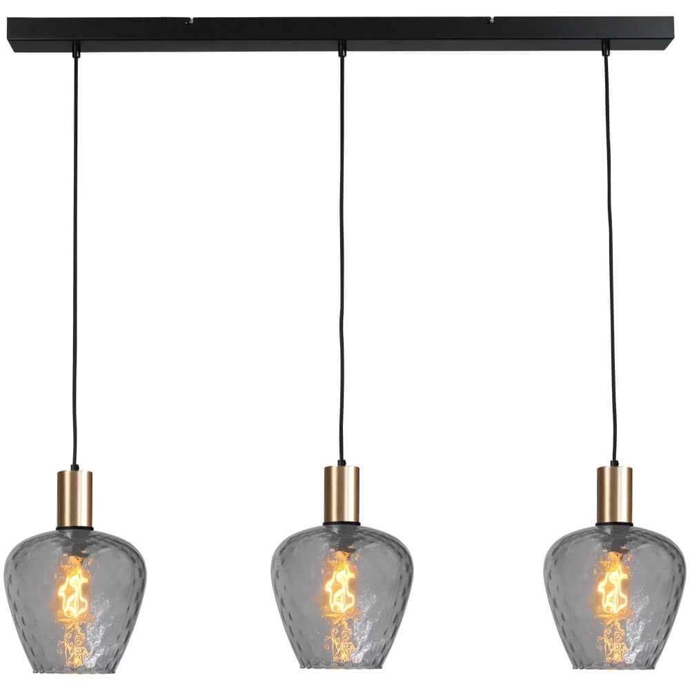 3-lichts hanglamp - goud - Porto met Diamond smoke glazen