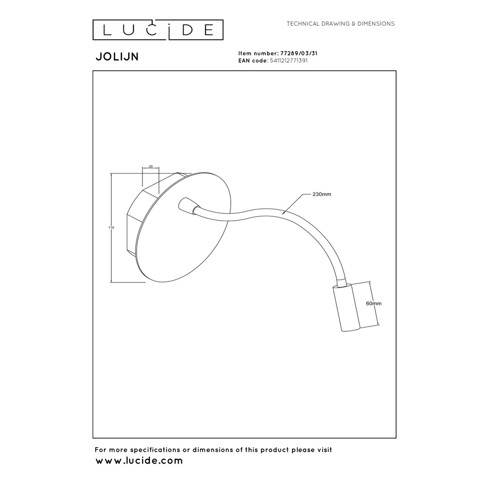 Oplaadbare wandlamp Jolijn bedlampje wit Lucide 5411212771391