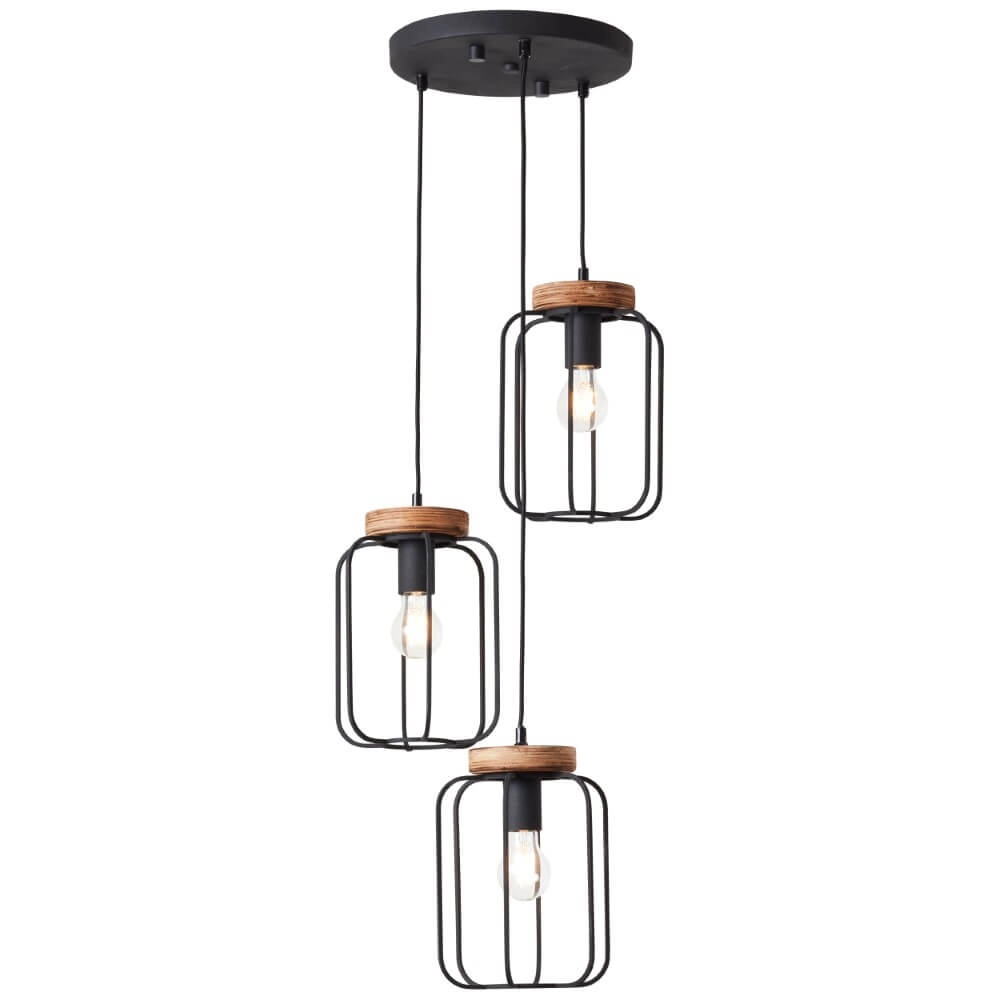 Hanglamp Tosh Disk 3-lichts zwart met houtbruin