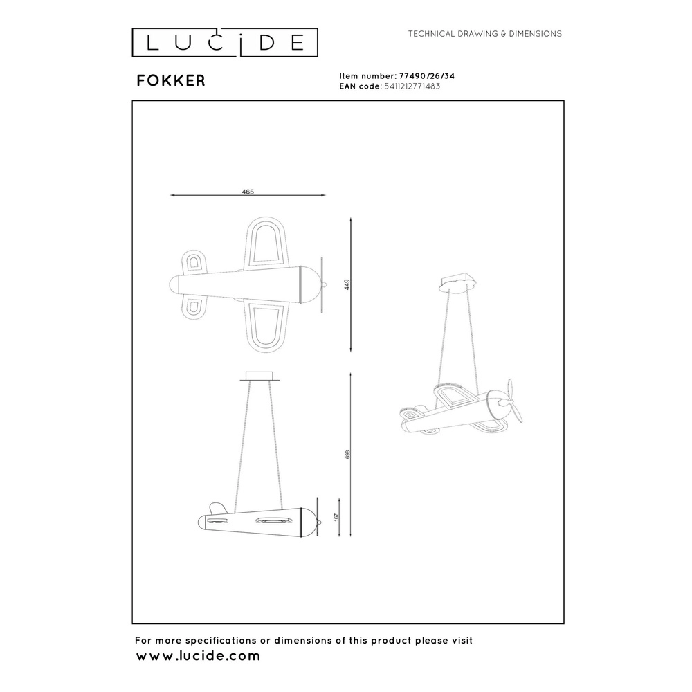 Kinderkamer hanglamp Fokker vliegtuig geel Lucide 5411212771483