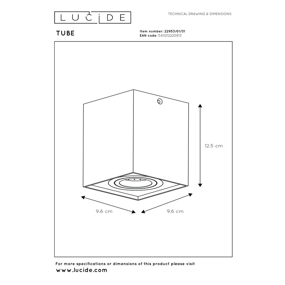 Opbouw plafondspot Tube vierkant wit Lucide 5411212220813