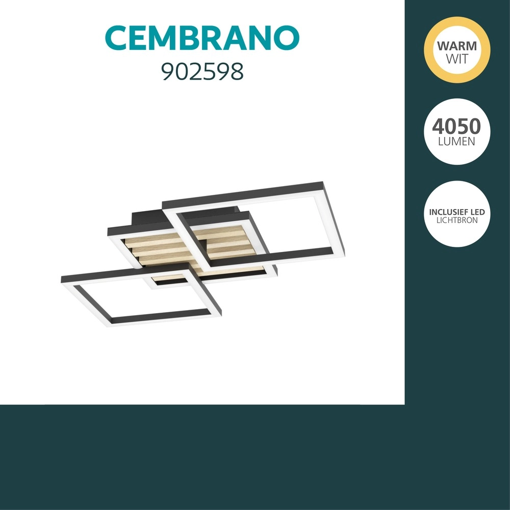 Moderne plafondlamp Cembrano zwart met hout vierkant 65,5cm Eglo 9008606388233