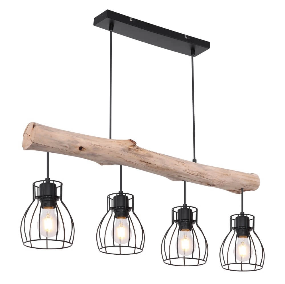 Landelijke hanglamp Mina zwart met hout 4-lichts