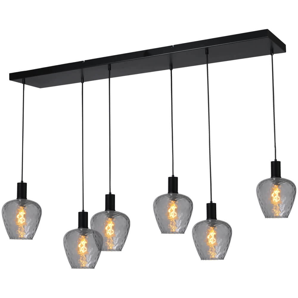 6-lichts hanglamp - zwart - Porto met Diamond smoke glazen