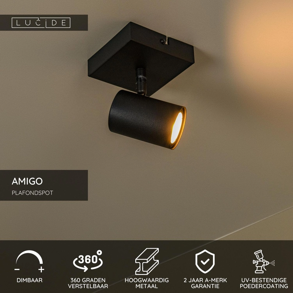Plafondlamp Amigo enkel zwart Lucide 5411212531001