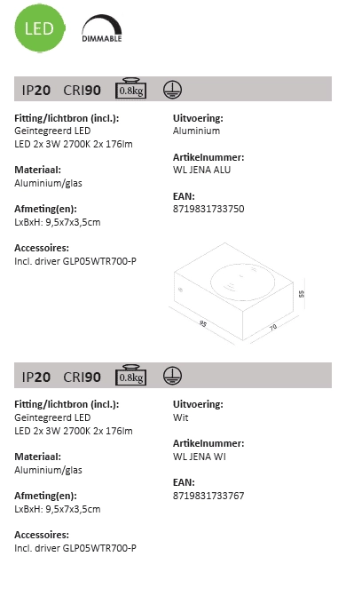 Led muurspot Jena 2x3w - 2700K grijs Artdelight 8719831733750