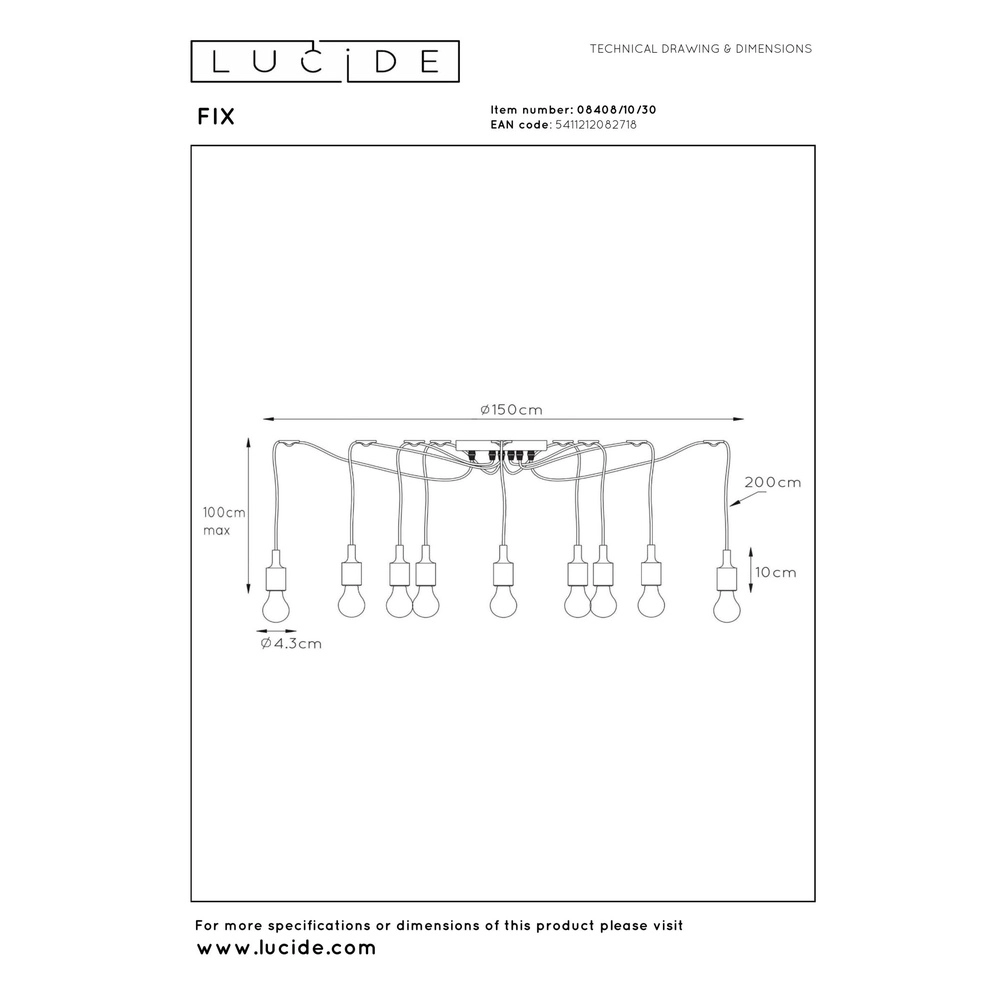 10-lichts hanglamp zwart Fix geschikt voor vide Lucide 5411212082718