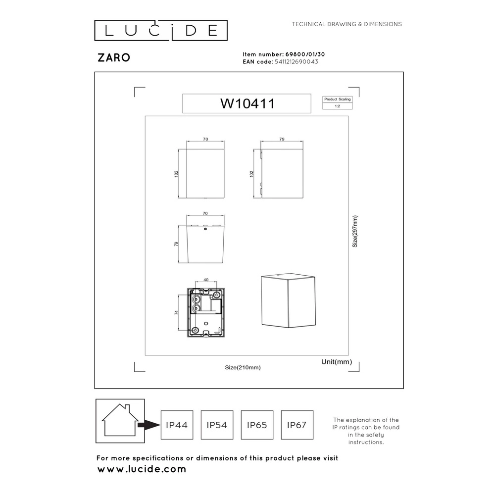 Design wandspot Zaro IP44 enkel zwart Lucide 5411212690043