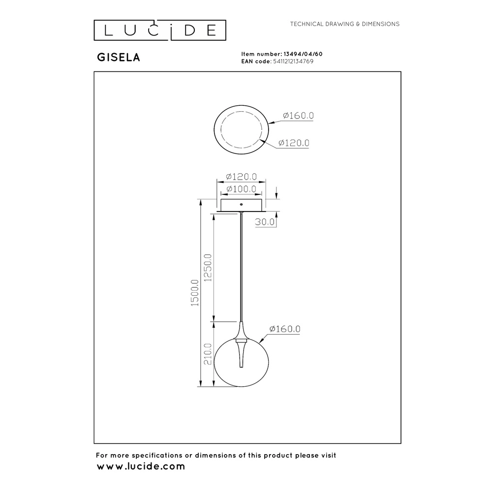 Design led hanglamp Gisela helder - 1x Ø 16cm Premium by Lucide 5411212134769