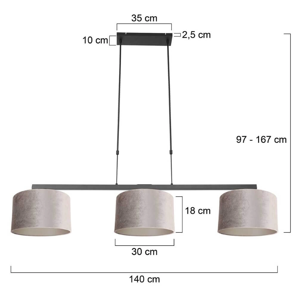 Zwarte hanglamp Stang met taupe velours kappen Steinhauer 8712746165753